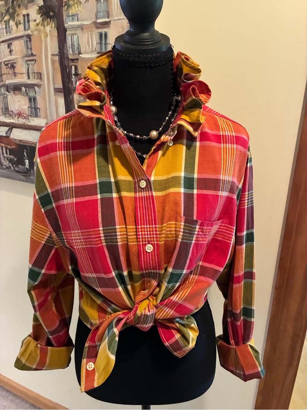 Lauren Ralph Lauren Red Mustard Green Plaid Ruffled Collar Shirt